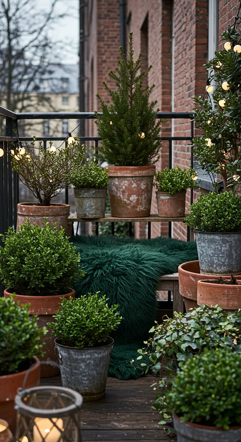 Balcón repleto de plantas perennes en macetas de terracota y zinc, con un banco y manta verde.
