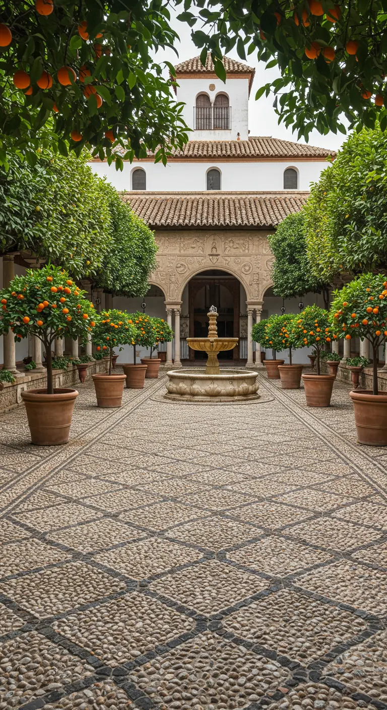 Gran patio con suelo de canto rodado, una fuente central y naranjos en macetas alineados