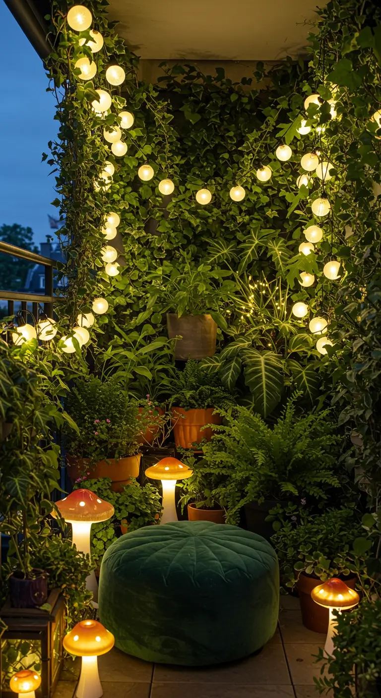 Balcón nocturno densamente plantado, iluminado con guirnaldas de luces y originales lámparas en forma de seta.