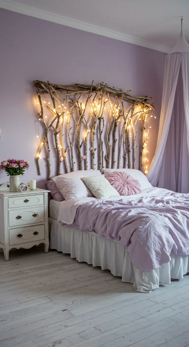 Cabecero hecho con ramas secas entrelazadas con luces cálidas en un dormitorio con paredes de color lavanda