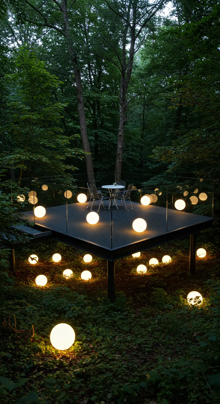 Terraza elevada en un bosque, rodeada de múltiples esferas de luz LED esparcidas por el suelo.