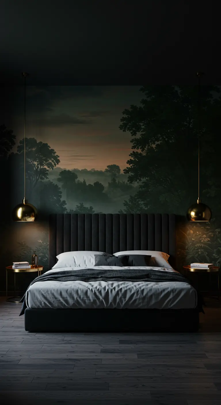 Dormitorio oscuro y elegante con un mural de un bosque al atardecer detrás de la cama.