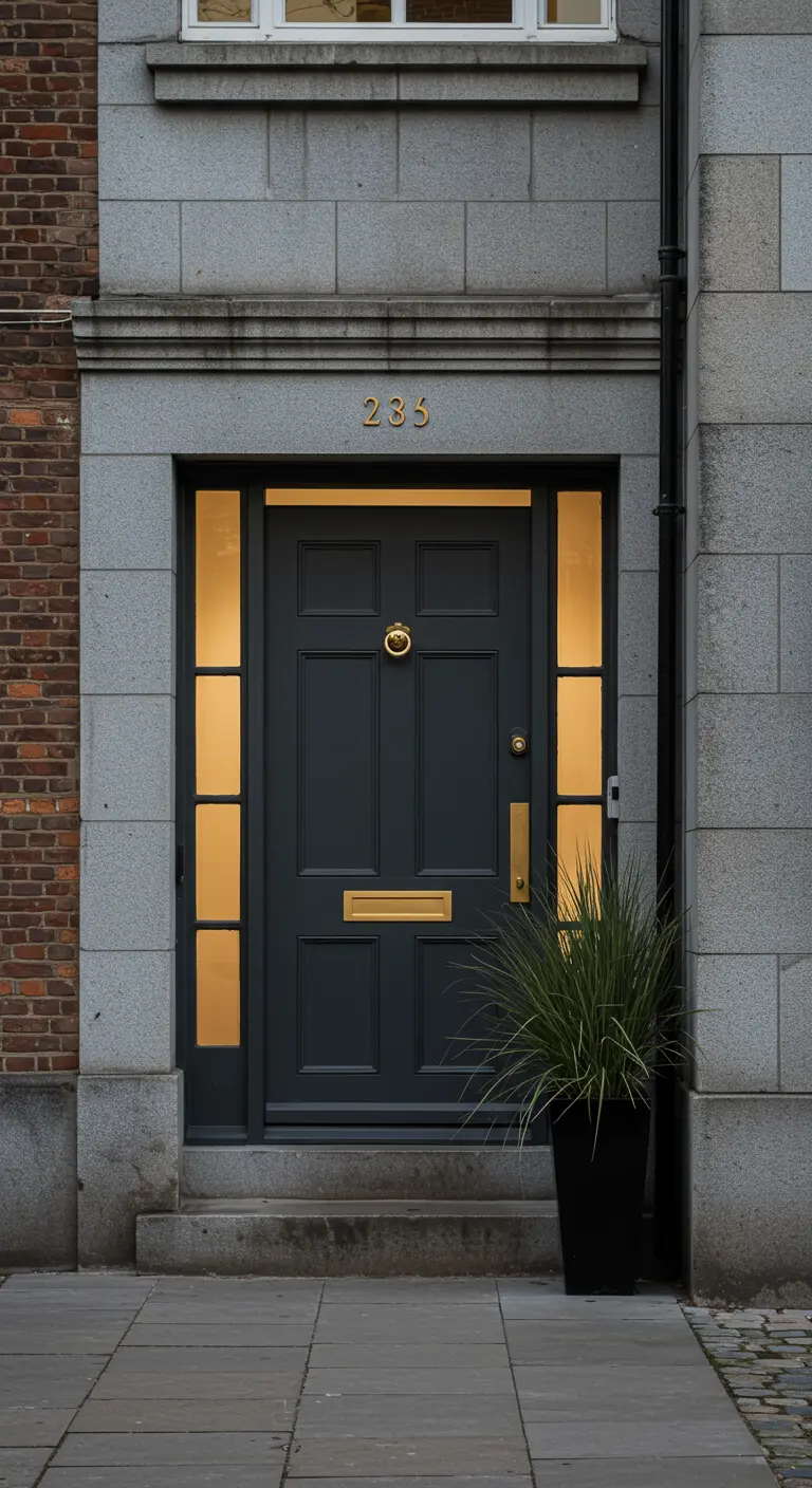 Puerta de color gris oscuro con herrajes dorados y luz cálida interior.