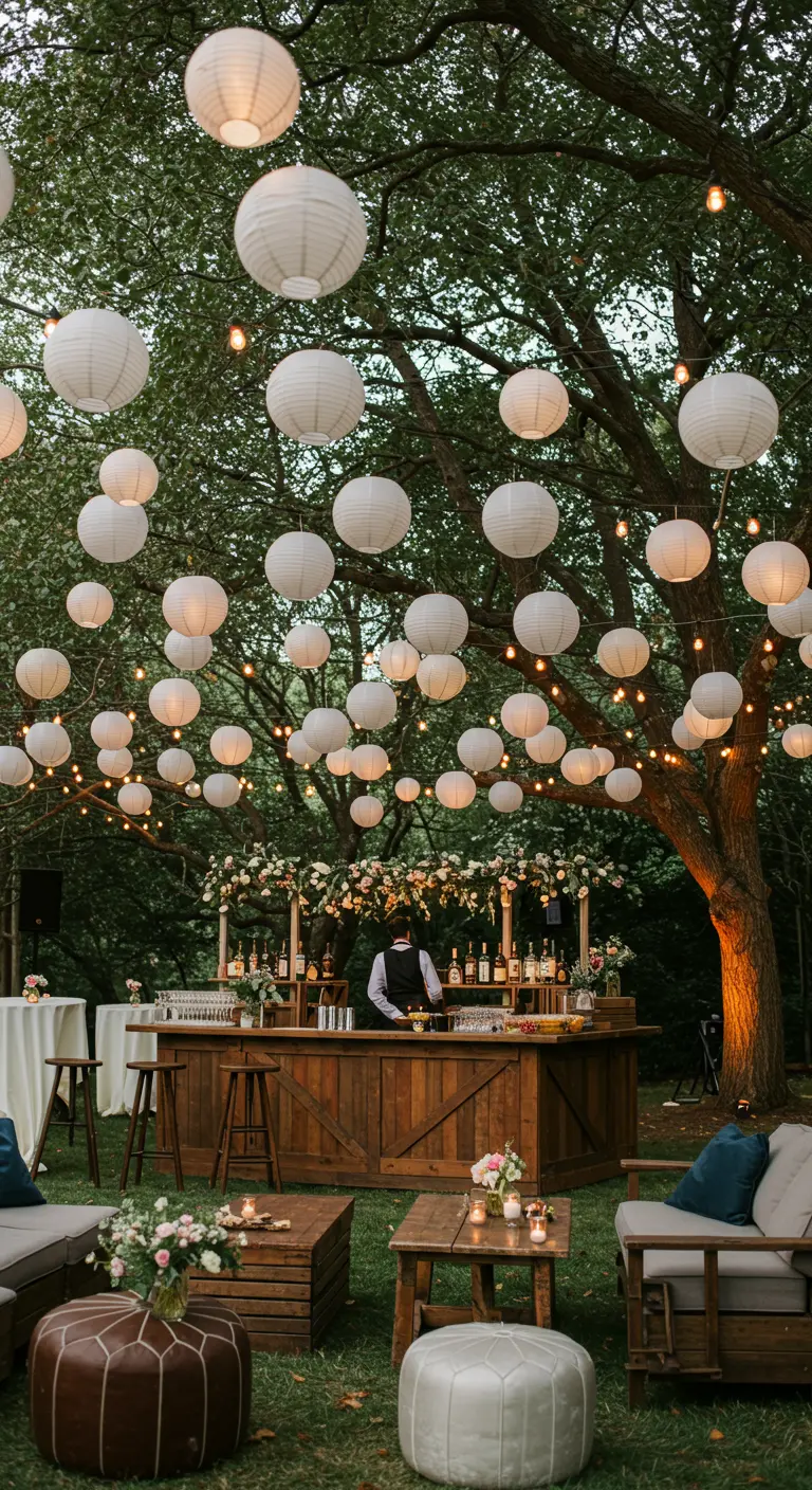 Bar rústico de madera al aire libre iluminado por lámparas de papel y guirnaldas de luces.