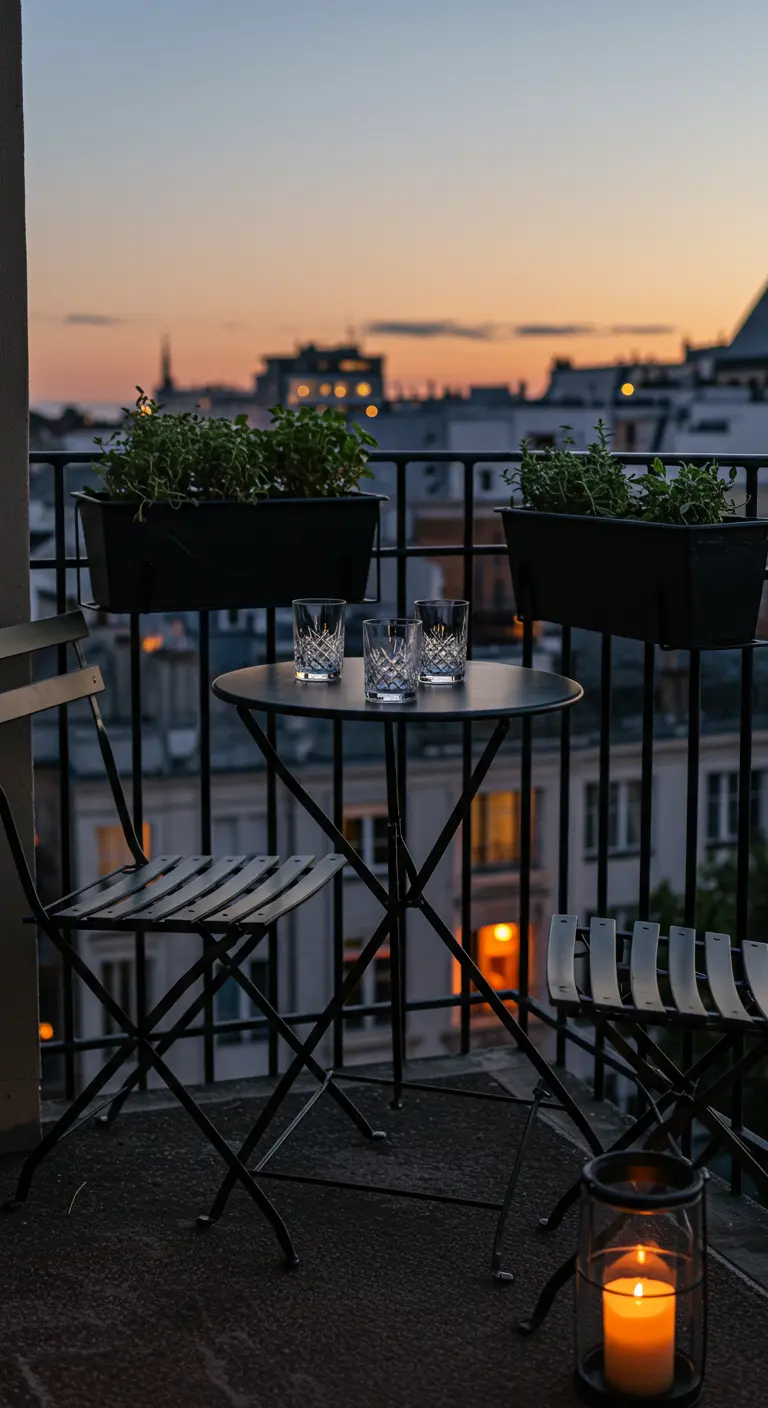 Set de bistró negro en un balcón con vistas a la ciudad al atardecer.