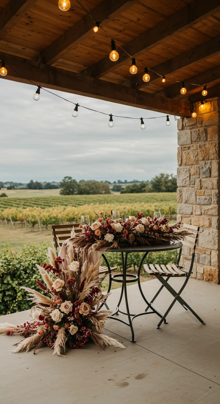 Mesa para dos en un porche con vistas a un viñedo, decorada con un gran arreglo floral.