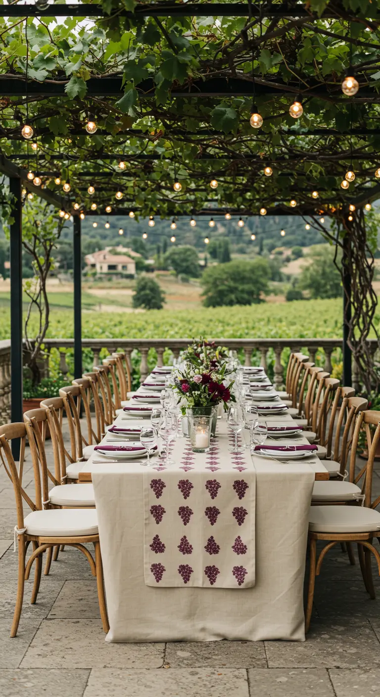 Mesa de banquete en una terraza con vistas a un viñedo y un camino de mesa con uvas estampadas.