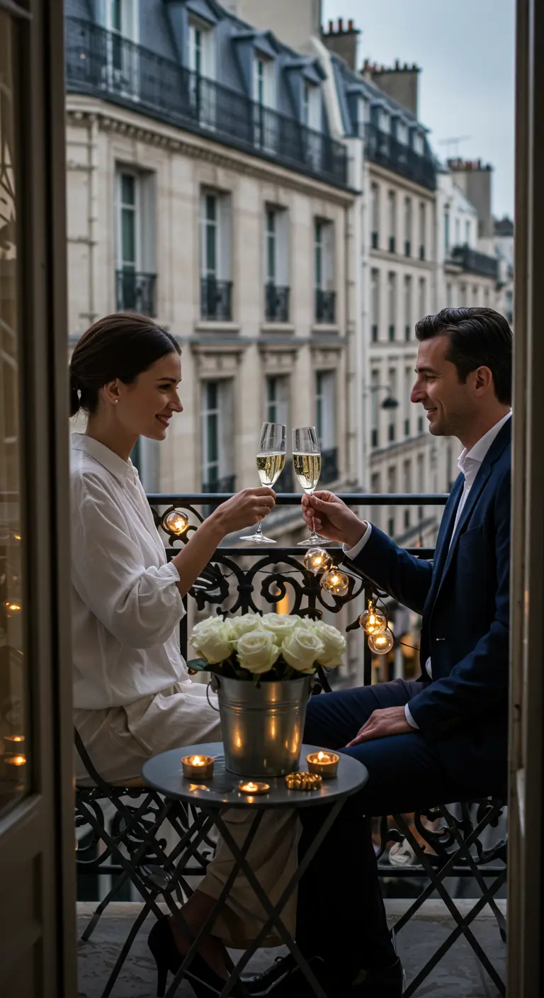 Una pareja brindando con champán en un balcón romántico decorado con luces cálidas y rosas blancas.