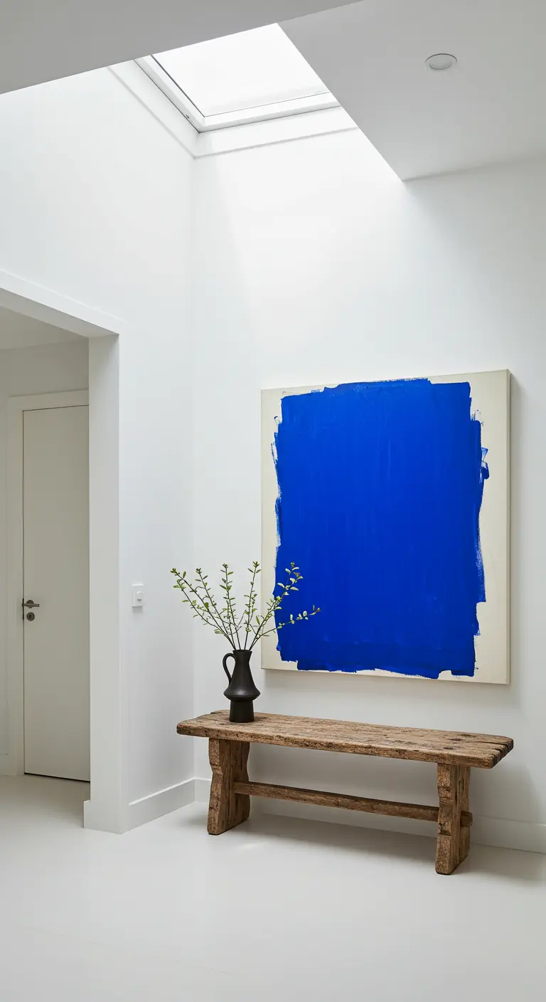 Recibidor minimalista con un gran lienzo de arte abstracto en azul cobalto sobre un banco de madera.