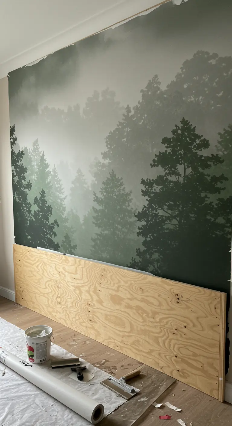 Un panel de madera contrachapada apoyado en la pared, con un mural de papel tapiz de un bosque brumoso, funcionando como cabecero de cama.