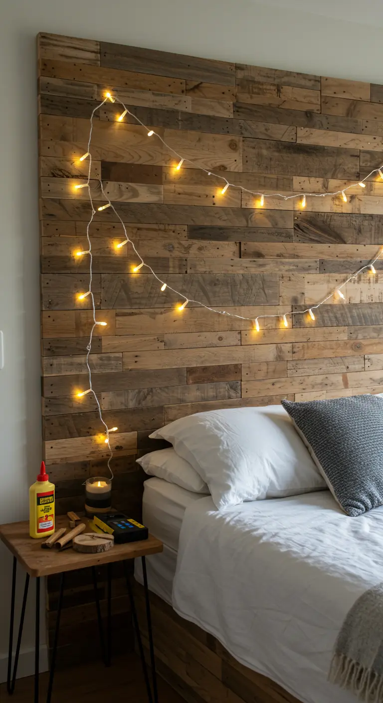 Cabecero de cama de madera reciclada, similar a palets, decorado con una guirnalda de luces.