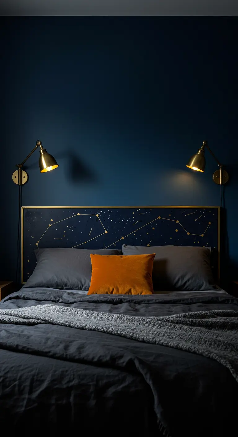Cabecero pintado de azul oscuro con constelaciones doradas y un cojín naranja en el centro