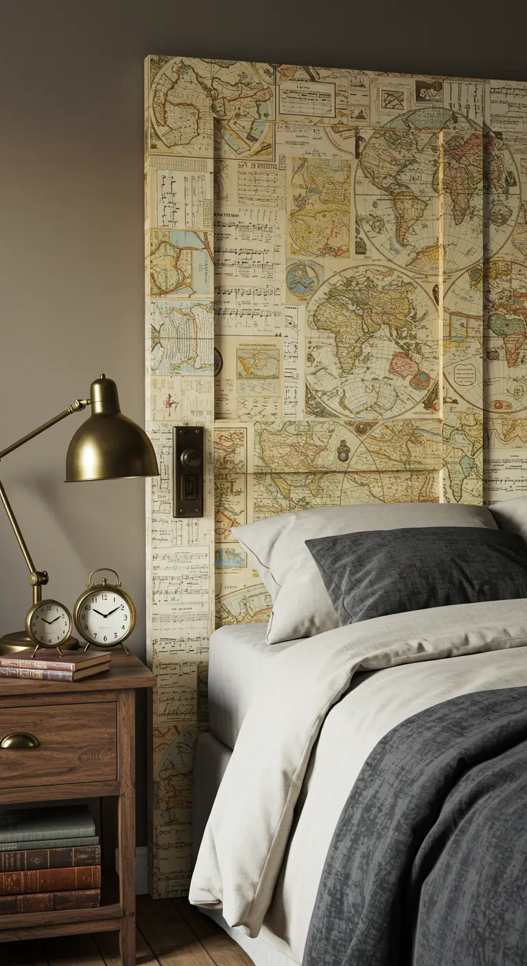 Cabecero de cama de estilo viajero cubierto con un collage de mapas antiguos y partituras.