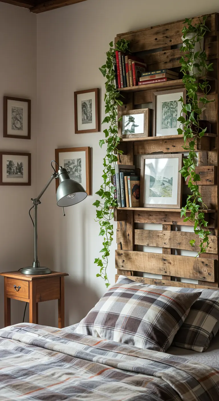 Cabecero de palet utilizado como estantería para libros y con plantas trepadoras.