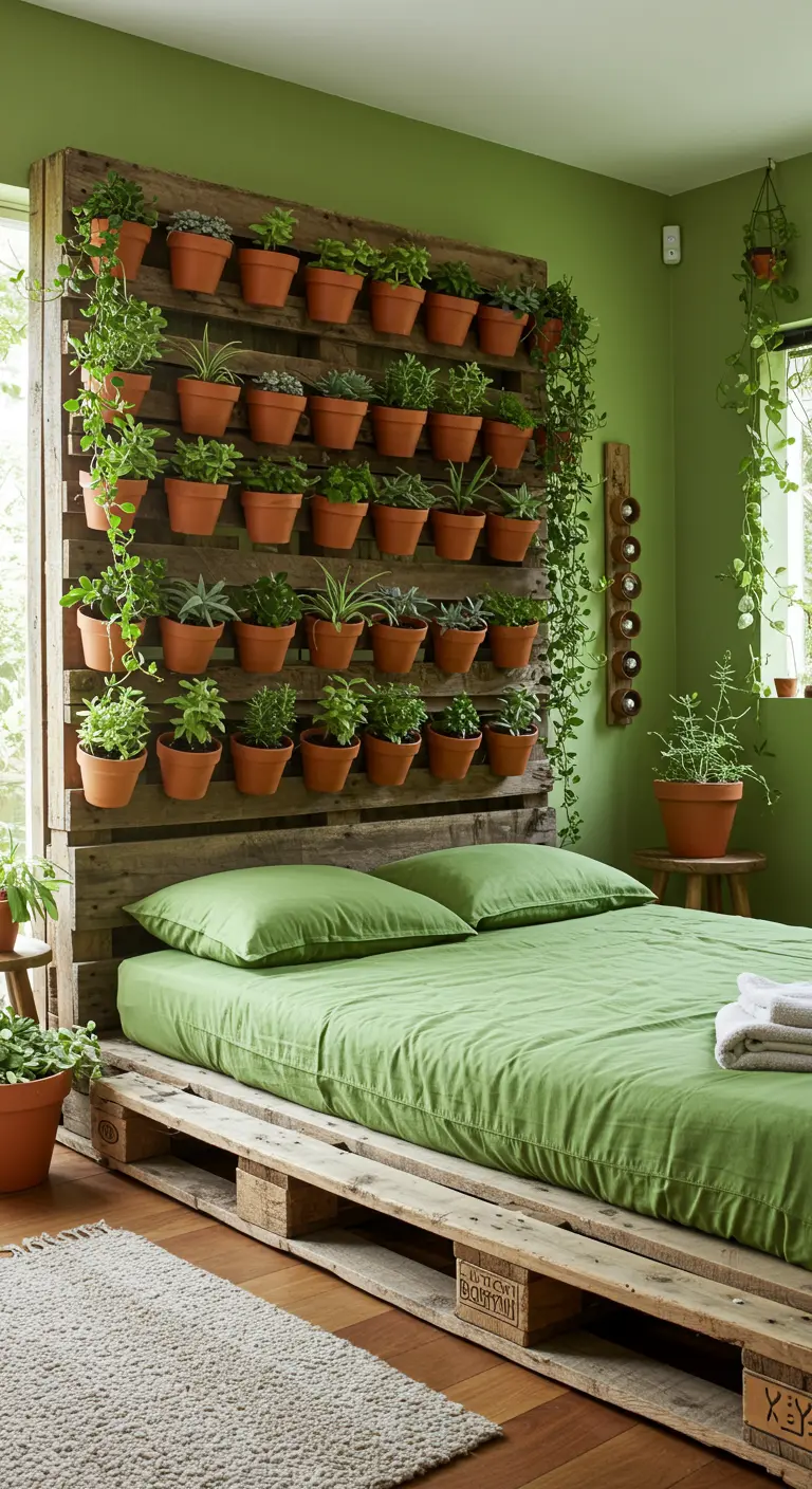 Cabecero de palet convertido en un jardín vertical con múltiples macetas de terracota.