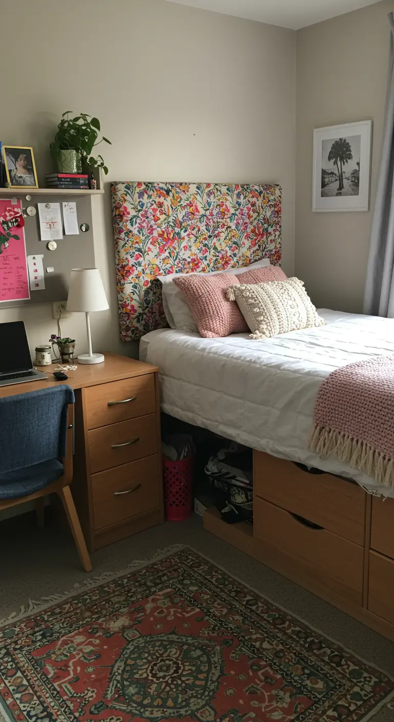 Cama con un cabecero tapizado en tela floral colorida y cojines a juego.