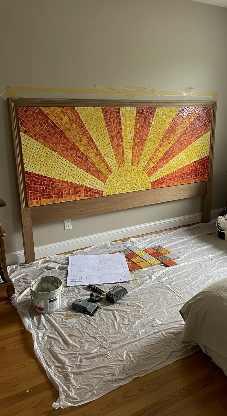 Cabecero de cama de madera con un impresionante mosaico de un sol naciente en tonos amarillos y naranjas.