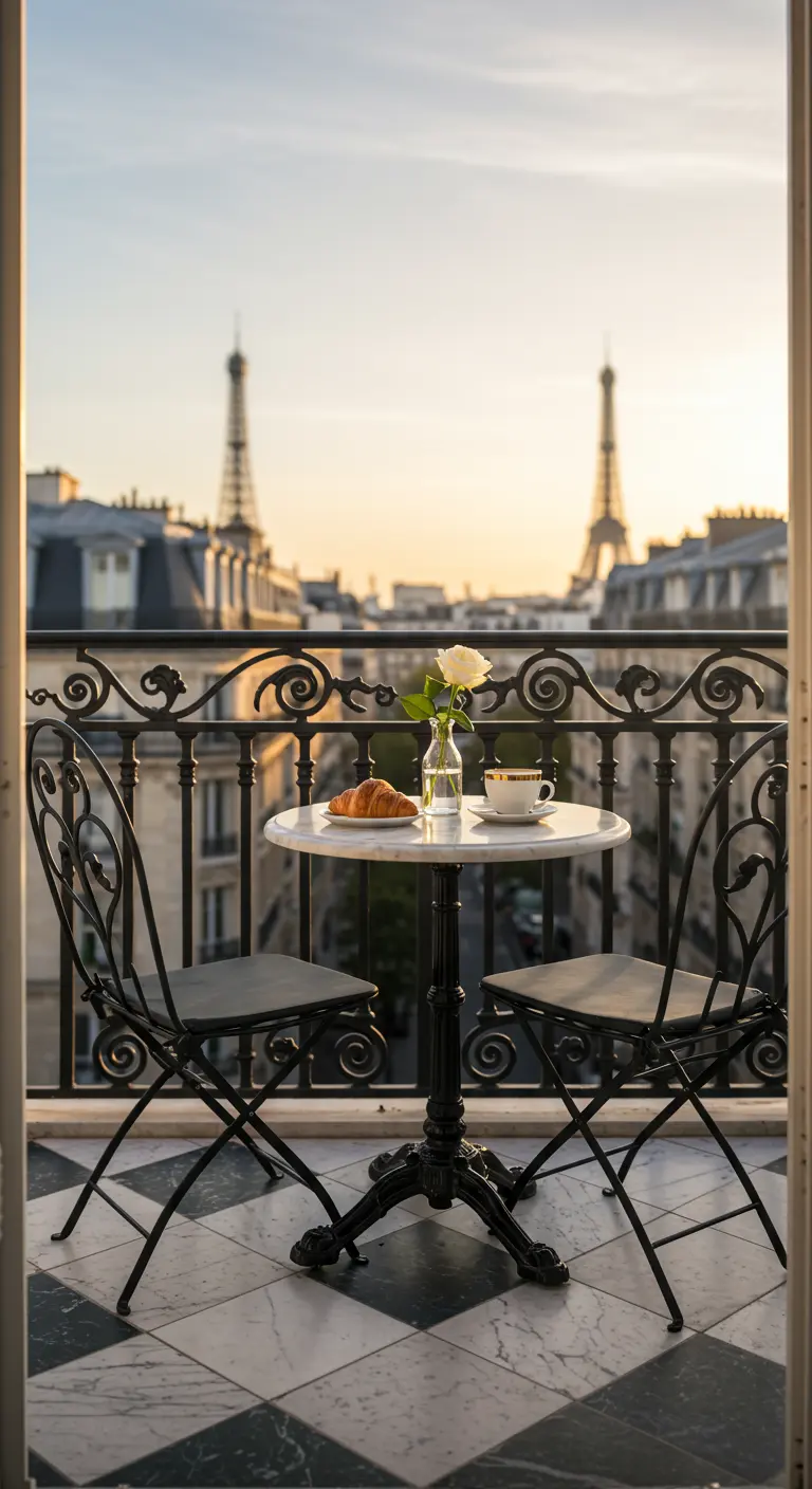 Pequeño balcón con mesa redonda de mármol, sillas de hierro forjado y vistas a la Torre Eiffel.