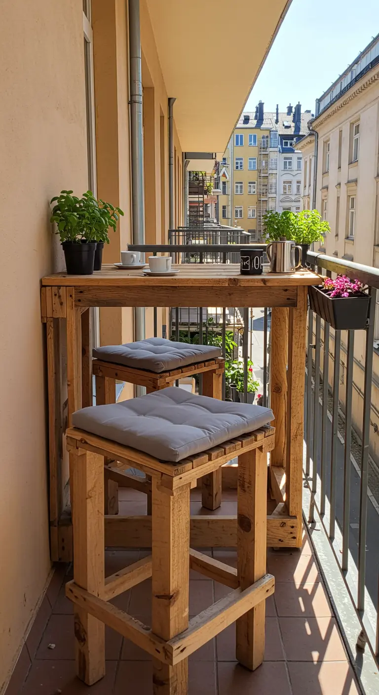 Balcón estrecho con una barra alta y taburetes hechos con palets de madera natural.