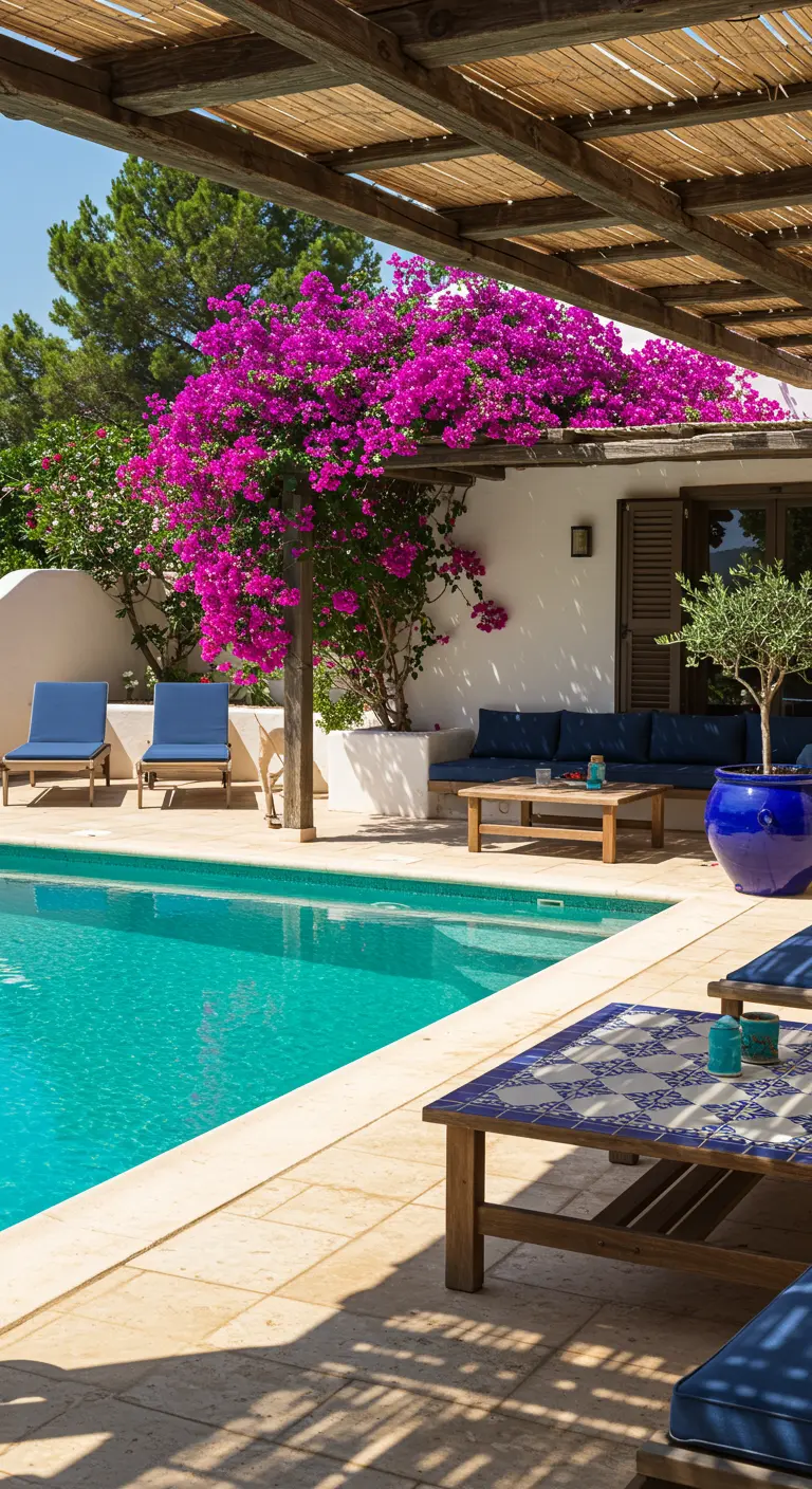 Zona de piscina con buganvillas, un olivo en maceta azul y una mesa con azulejos.