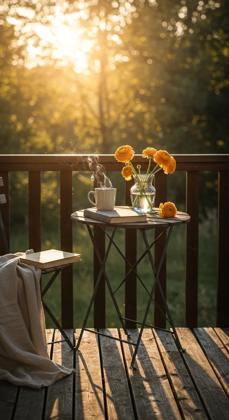 Pequeña mesa de metal en un balcón con una taza de café humeante, un libro y flores al amanecer.