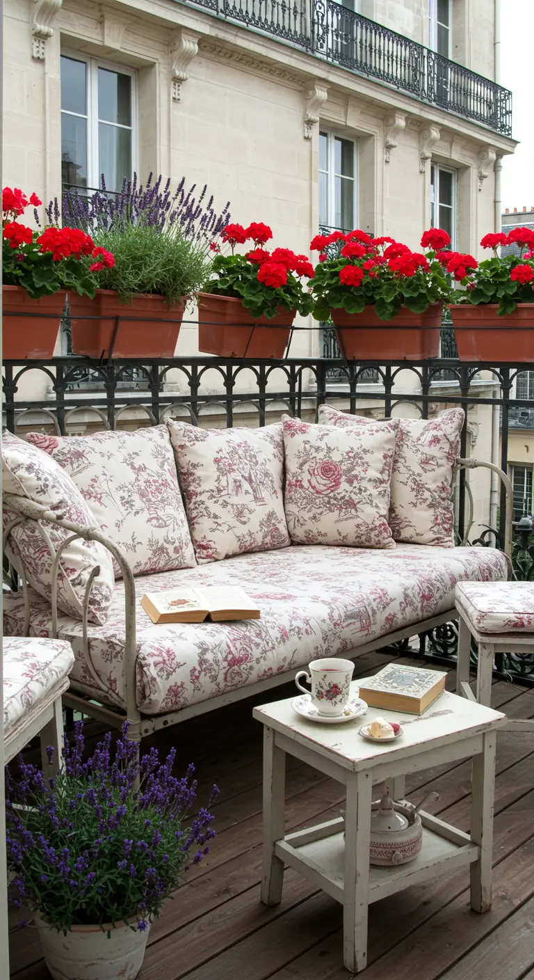 Balcón de estilo parisino con sofá de hierro forjado, cojines florales y geranios rojos.