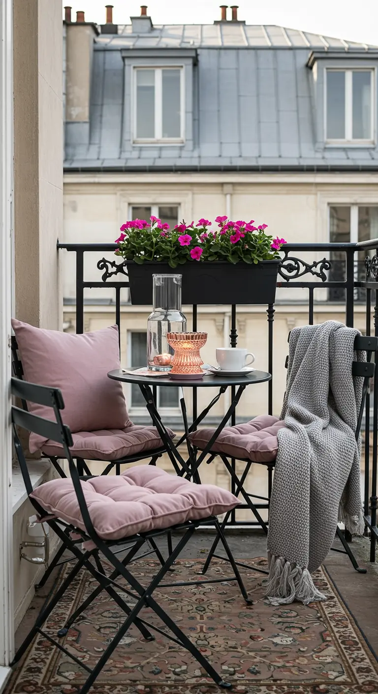 Balcón parisino con juego de bistró negro, cojines rosa pálido y flores.
