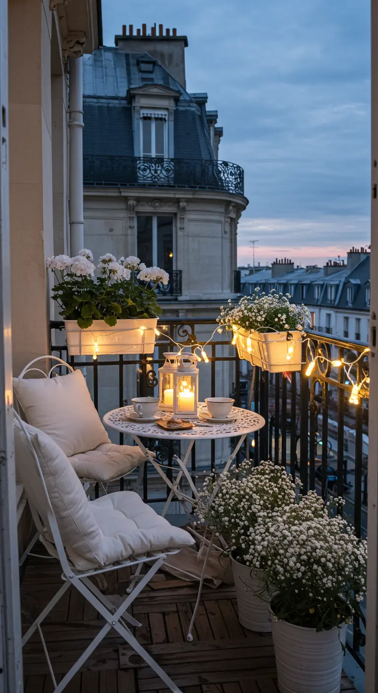 Balcón parisino romántico con mesa bistró blanca, flores y luces cálidas al atardecer.