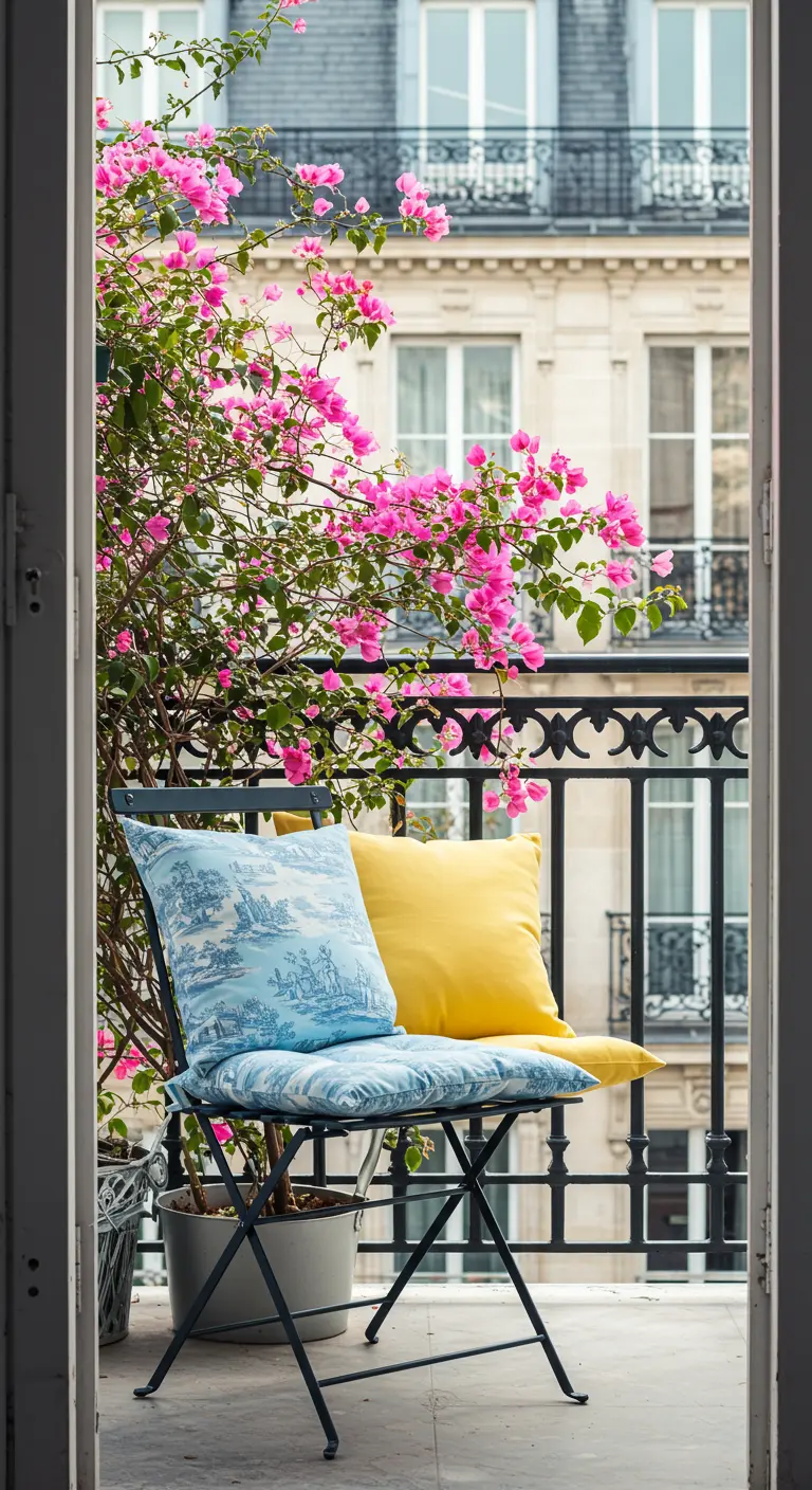 Balcón parisino con silla de metal, cojines azul y amarillo, y buganvilla rosa.
