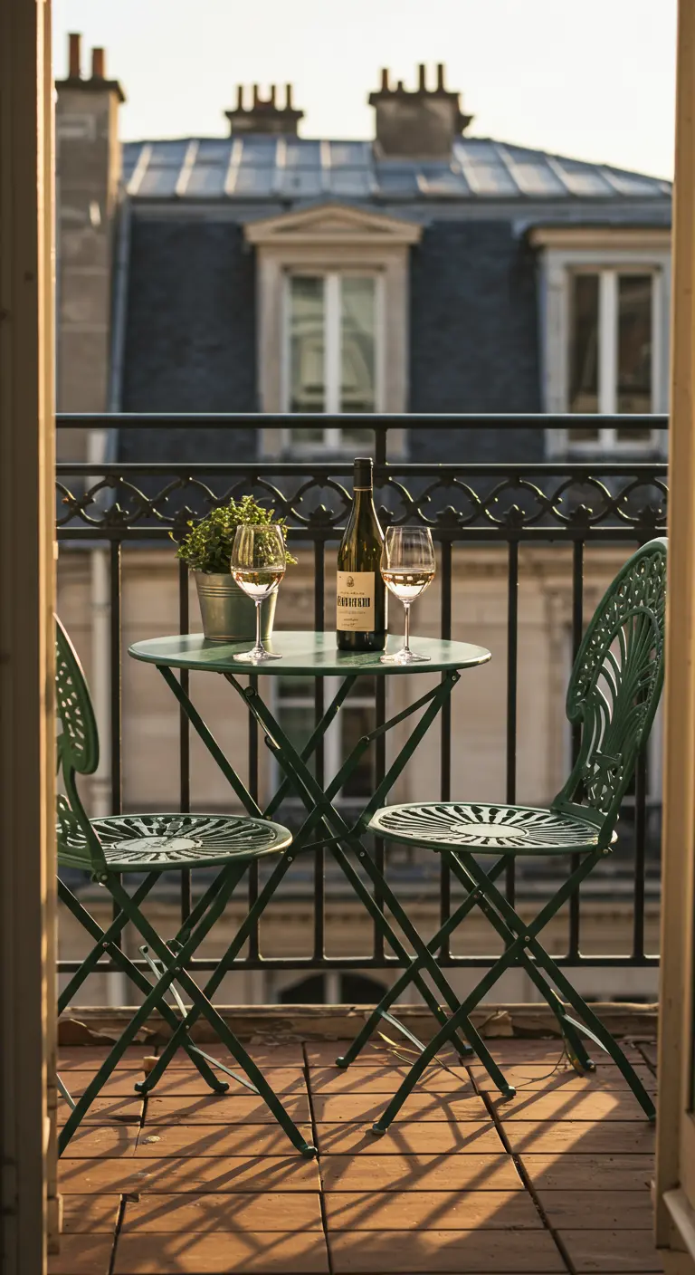 Conjunto de bistró plegable de metal verde oscuro en un balcón con vistas a tejados parisinos.