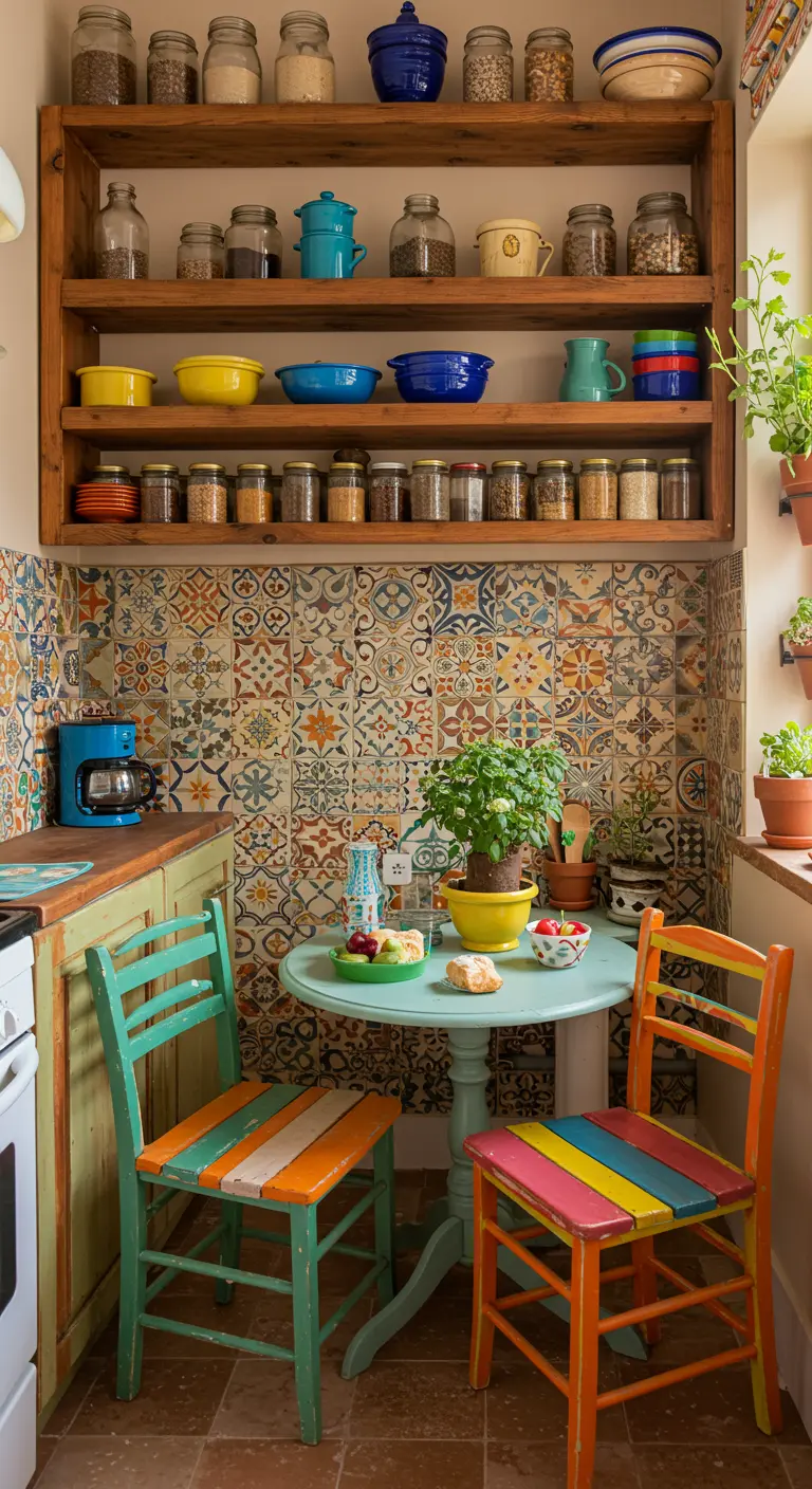 Rincón de cocina con azulejos de patchwork, estanterías de madera y sillas de colores