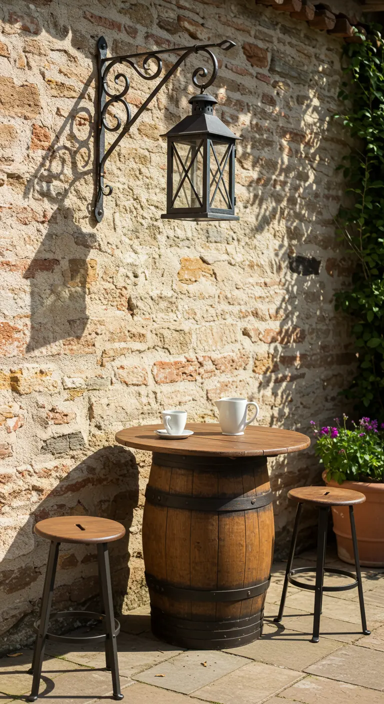 Mesa de exterior hecha con un barril de vino, dos taburetes y un farol colgado en una pared de piedra