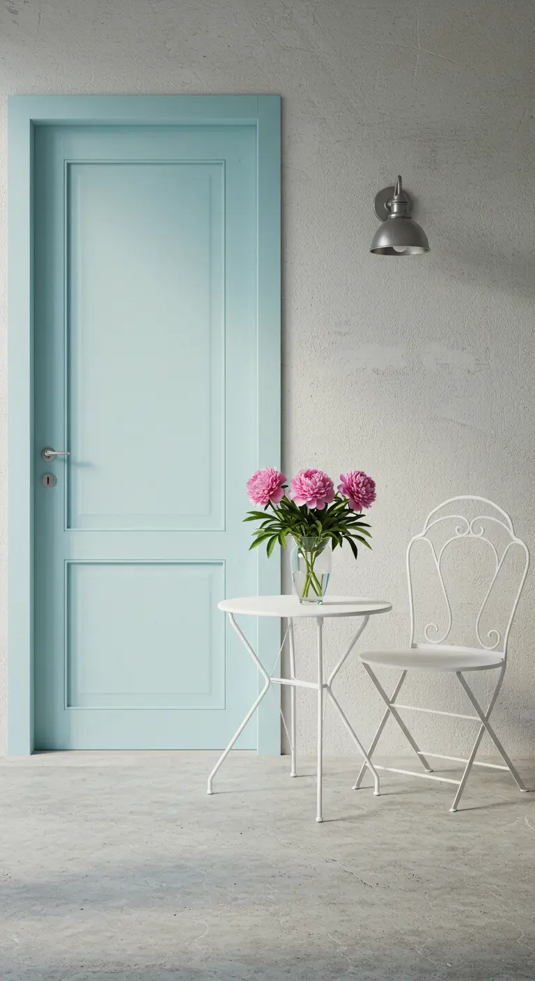 Rincón minimalista con puerta azul pastel y un conjunto de bistró blanco con un jarrón de peonías.