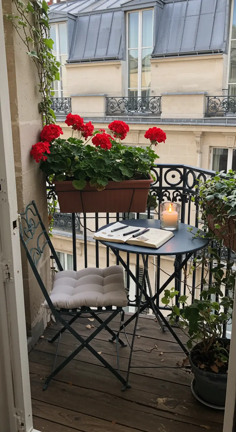 Pequeño balcón parisino con una mesa de bistró, geranios rojos y una vela encendida.