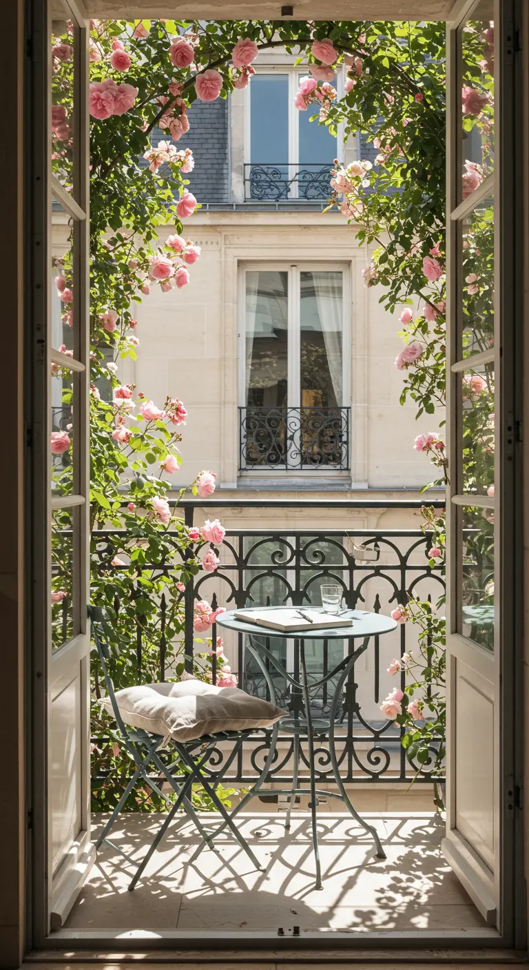 Balcón parisino con mesa de bistró de hierro, silla y rosales trepadores.