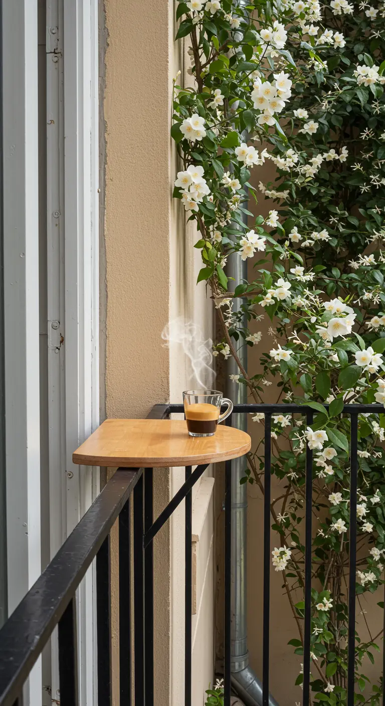 Pequeña mesa de madera colgando de la barandilla con una taza de café humeante.