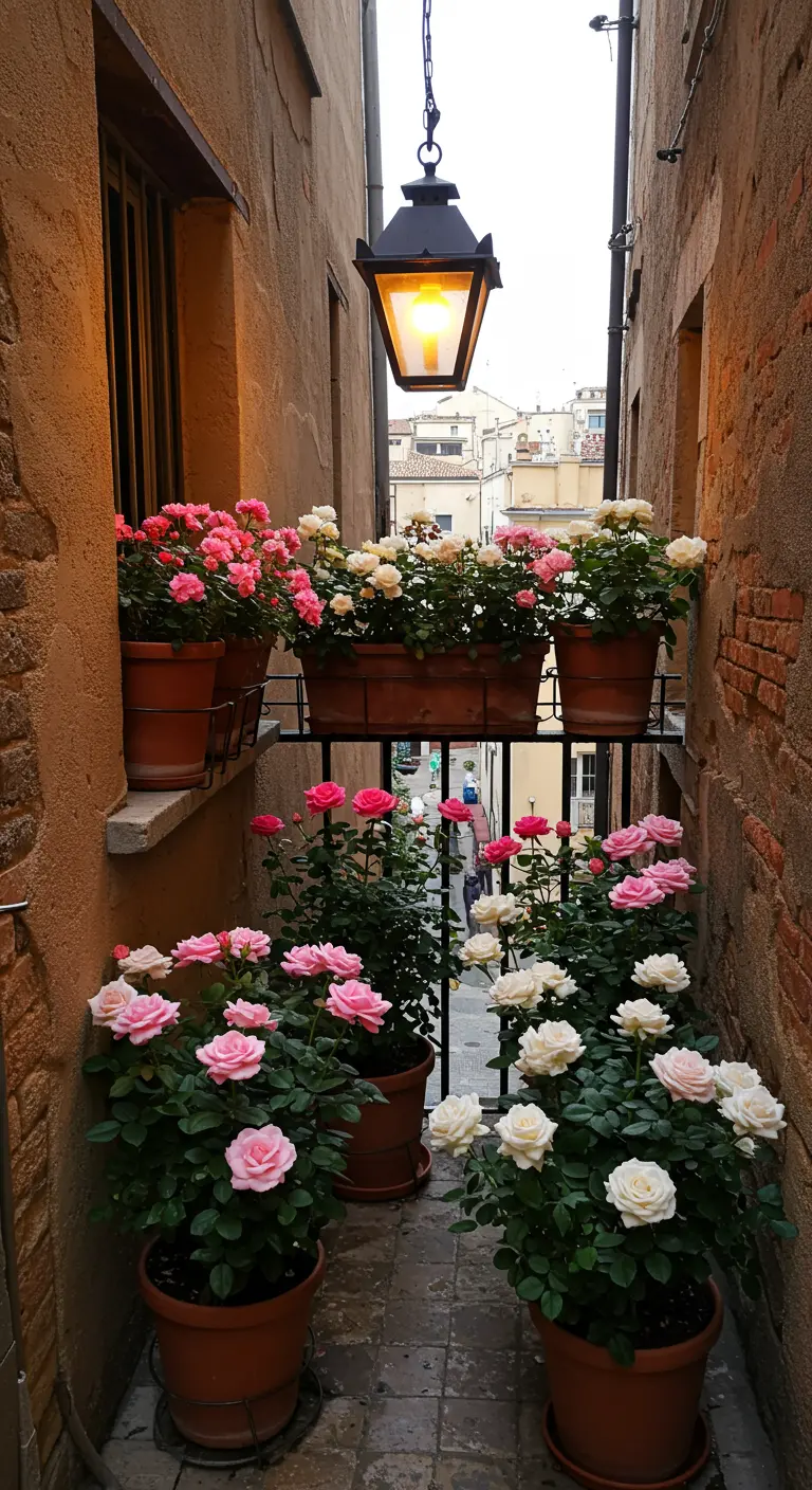 Balcón estrecho repleto de macetas con rosas de colores y un farol de estilo antiguo.