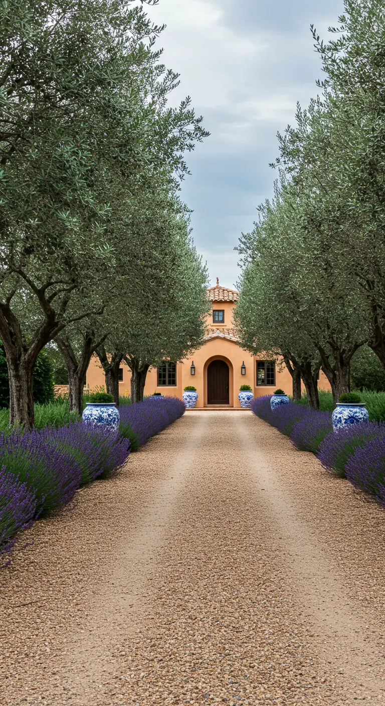 Largo camino de grava que conduce a una casa, flanqueado por lavanda y grandes jarrones de cerámica azul