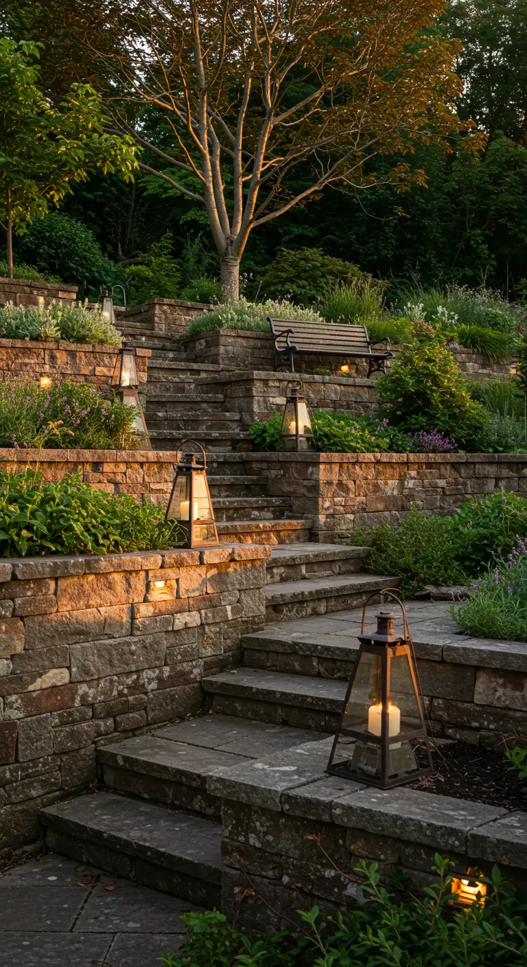 Escalones de piedra en una ladera iluminados por grandes faroles de metal y cristal en cada nivel