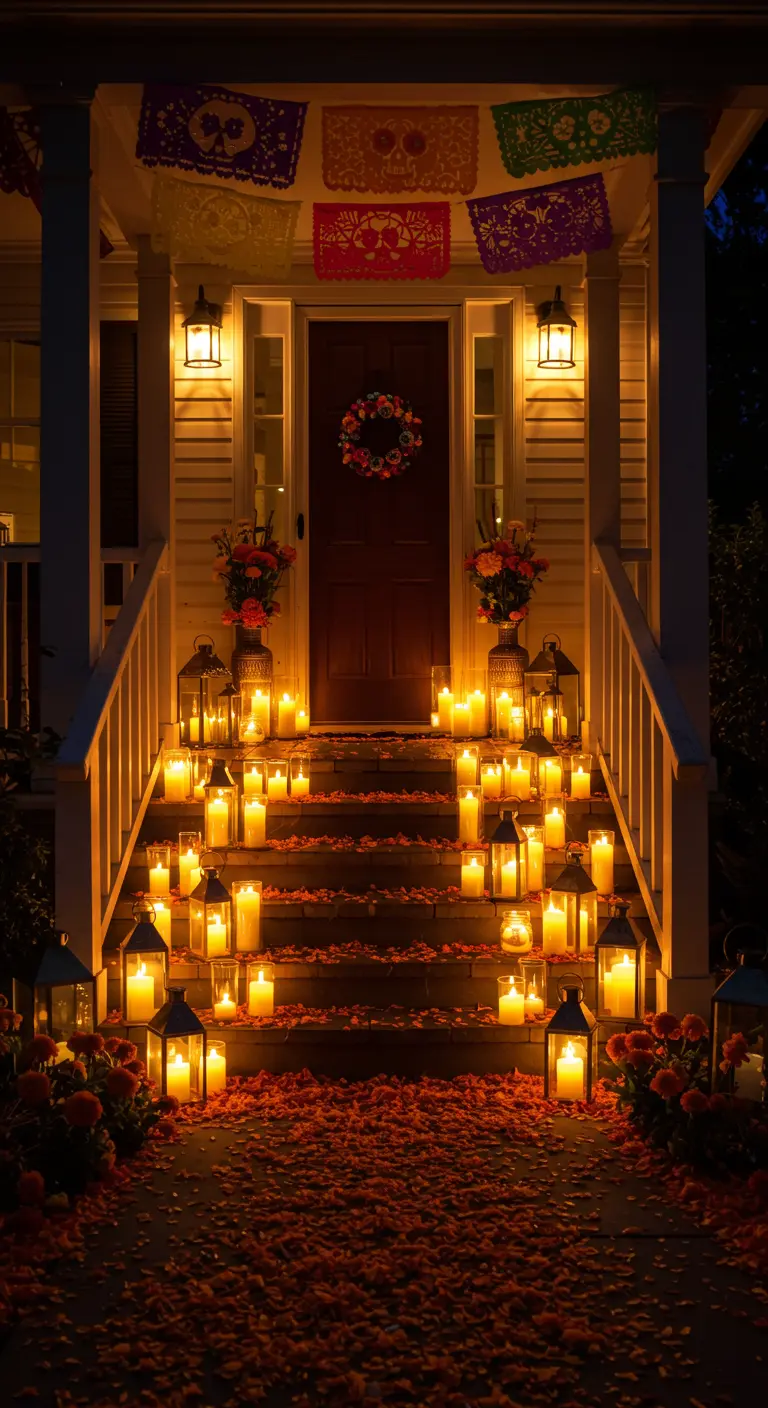 Escaleras de un porche iluminadas por docenas de velas y faroles para el Día de los Muertos.