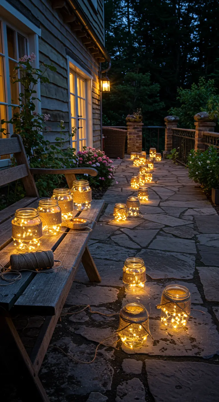 Frascos de vidrio con luces cálidas y yute iluminando un camino de piedra y un banco de madera.