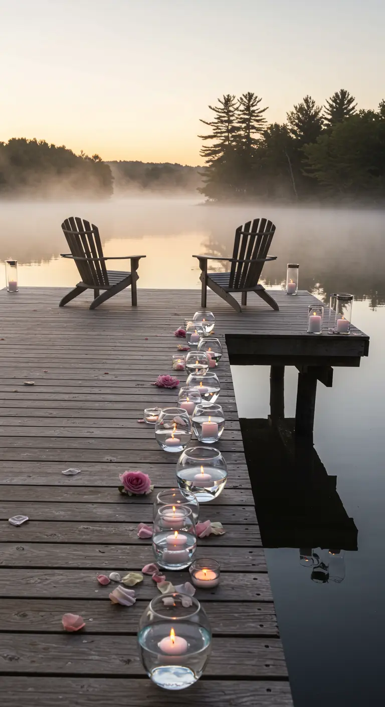 Muelle de madera en un lago con un camino de velas en recipientes de cristal y pétalos.
