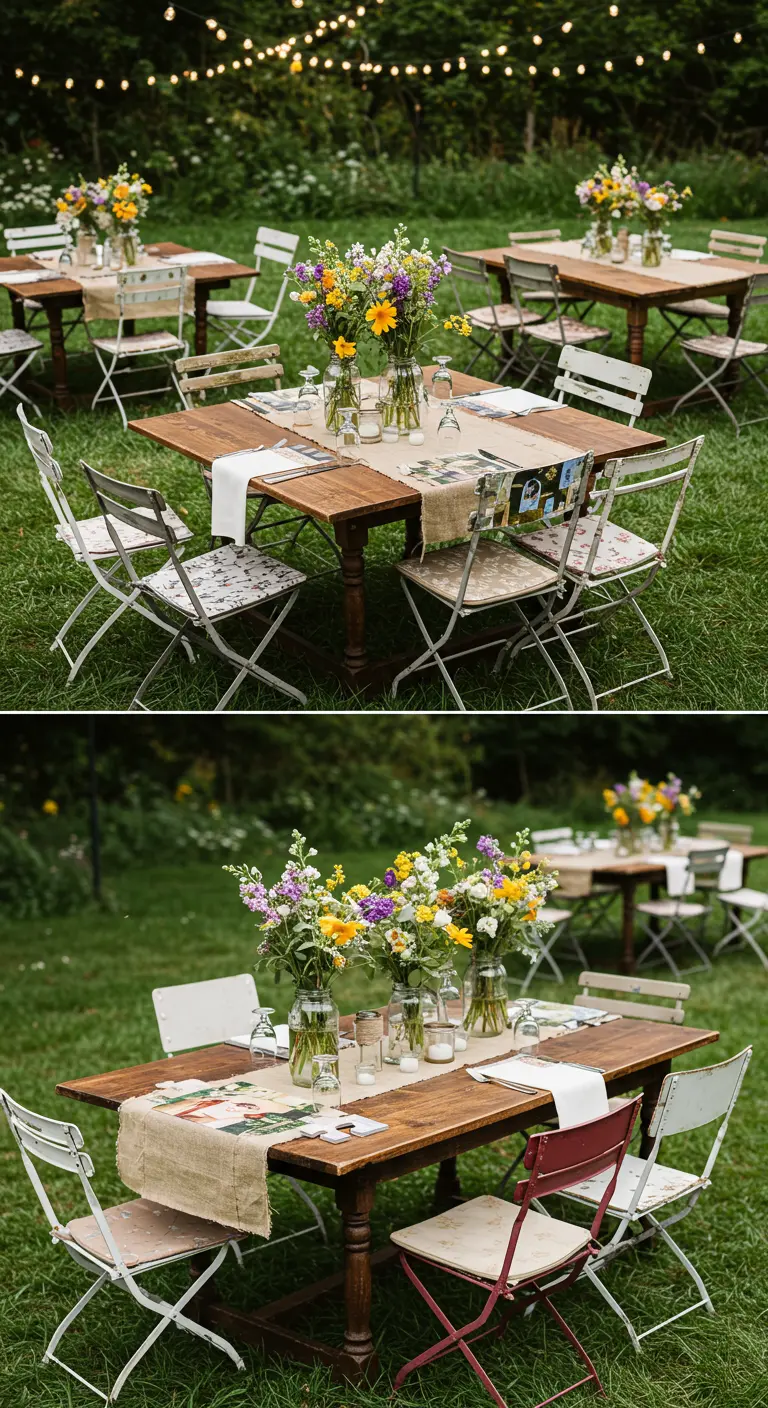 Camino de mesa de arpillera decorado con una tira de fotos de la pareja.