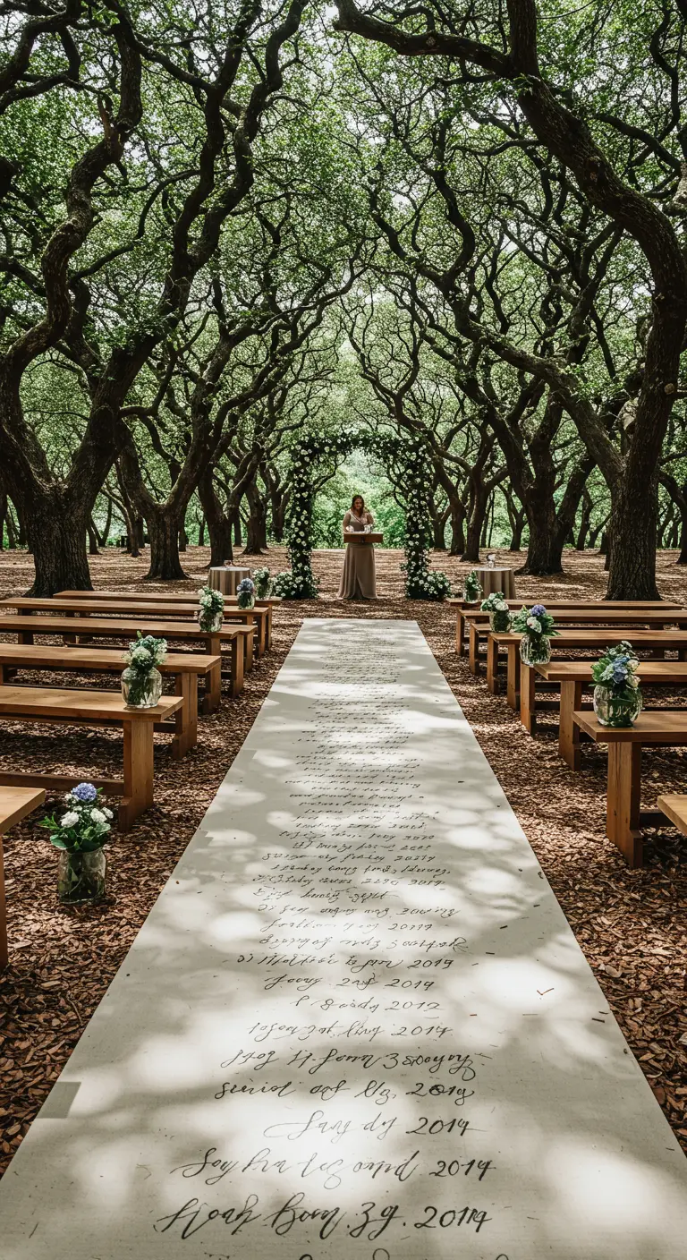 Camino de ceremonia en un bosque con texto caligrafiado que cuenta una historia de amor.