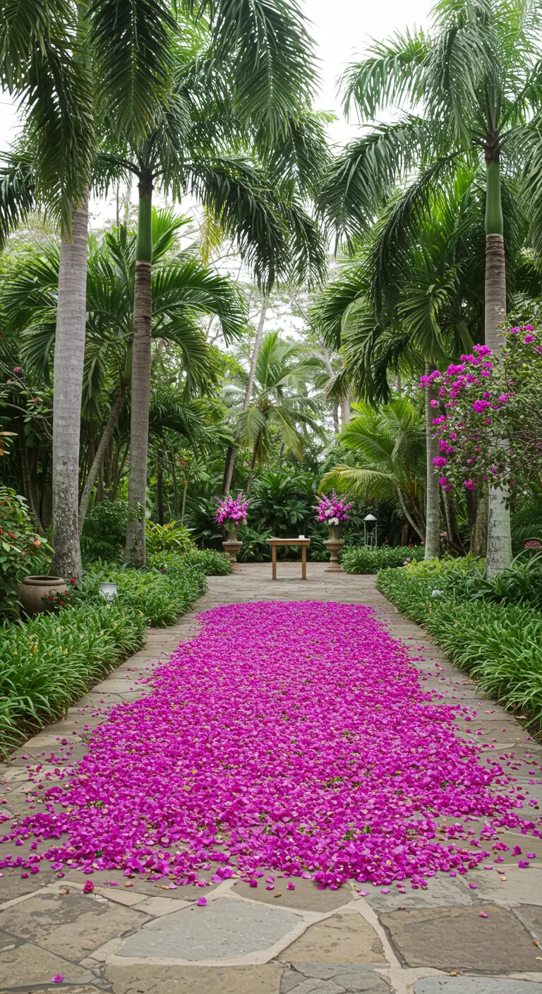 Camino de ceremonia cubierto por una alfombra gruesa de pétalos de buganvilla fucsia.