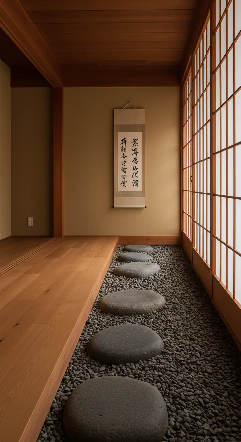 Entrada de estilo japonés con un camino de piedras planas sobre grava y una puerta shoji.