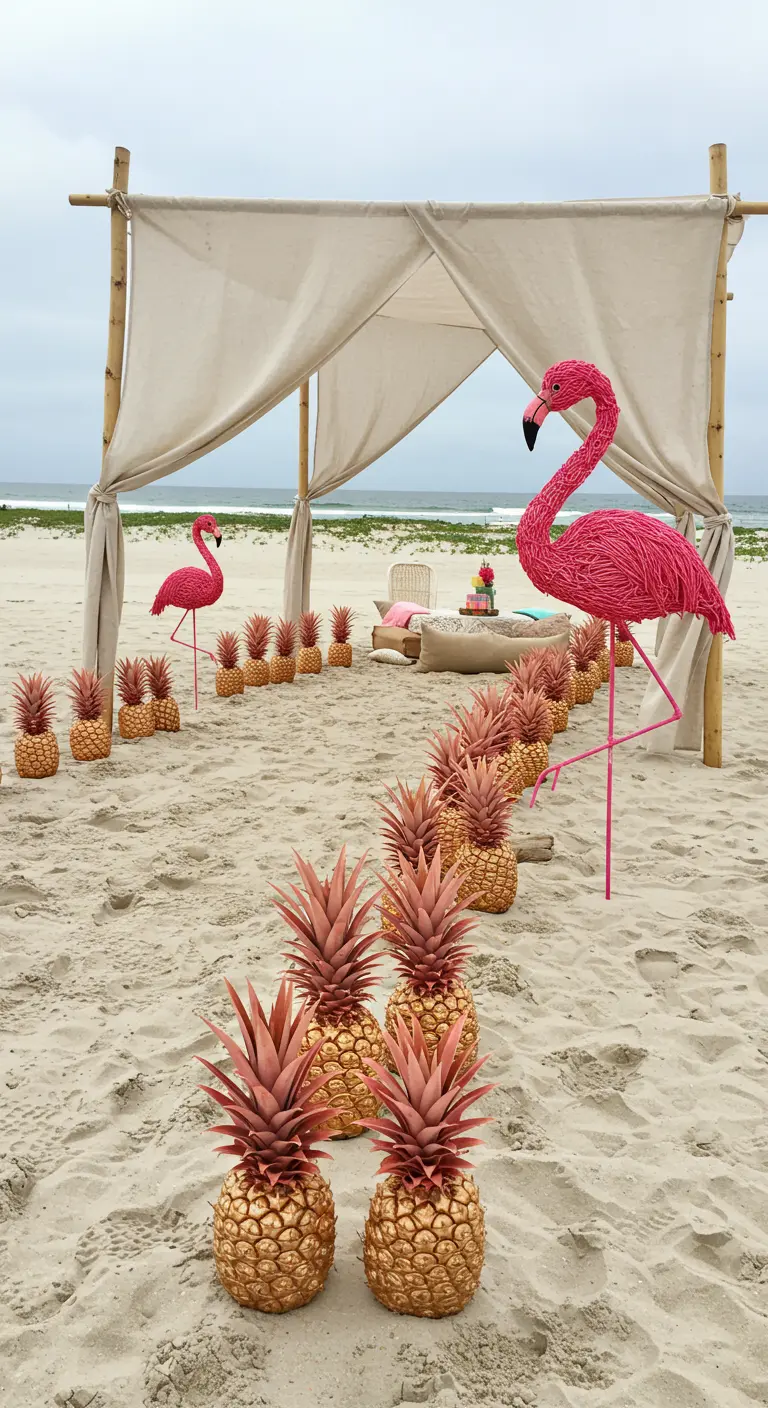 Camino en la playa hecho con piñas pintadas de rosa y dorado que lleva a un dosel.