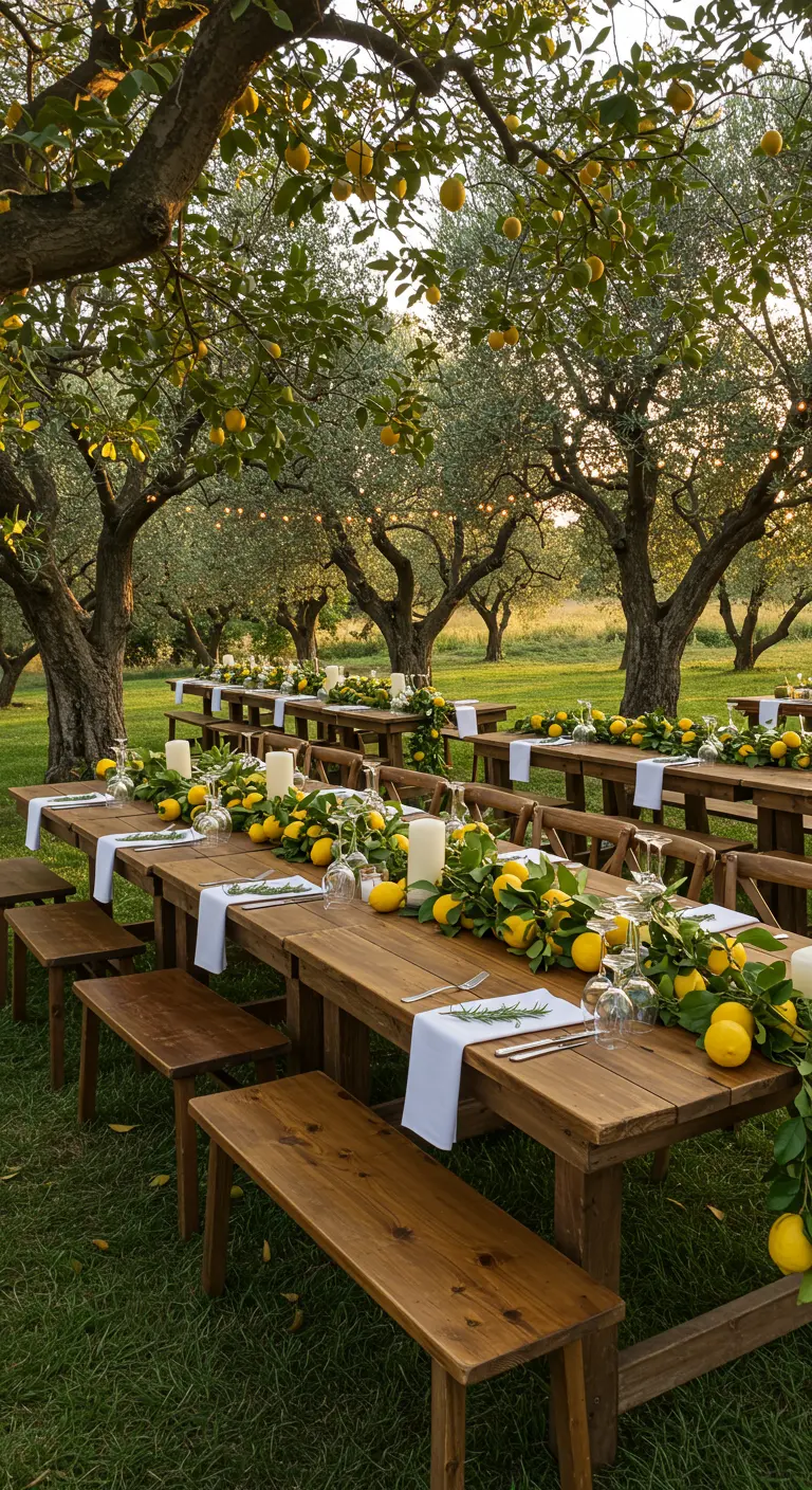Mesas de madera largas en un huerto de limoneros decoradas con guirnaldas de limones y velas.