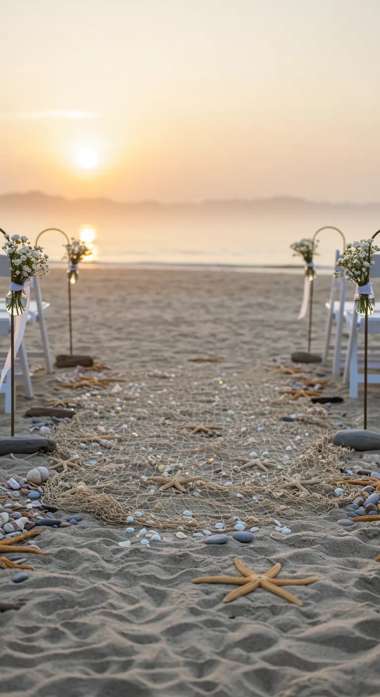 Pasillo de boda en la arena hecho con una red de pesca, conchas y estrellas de mar.