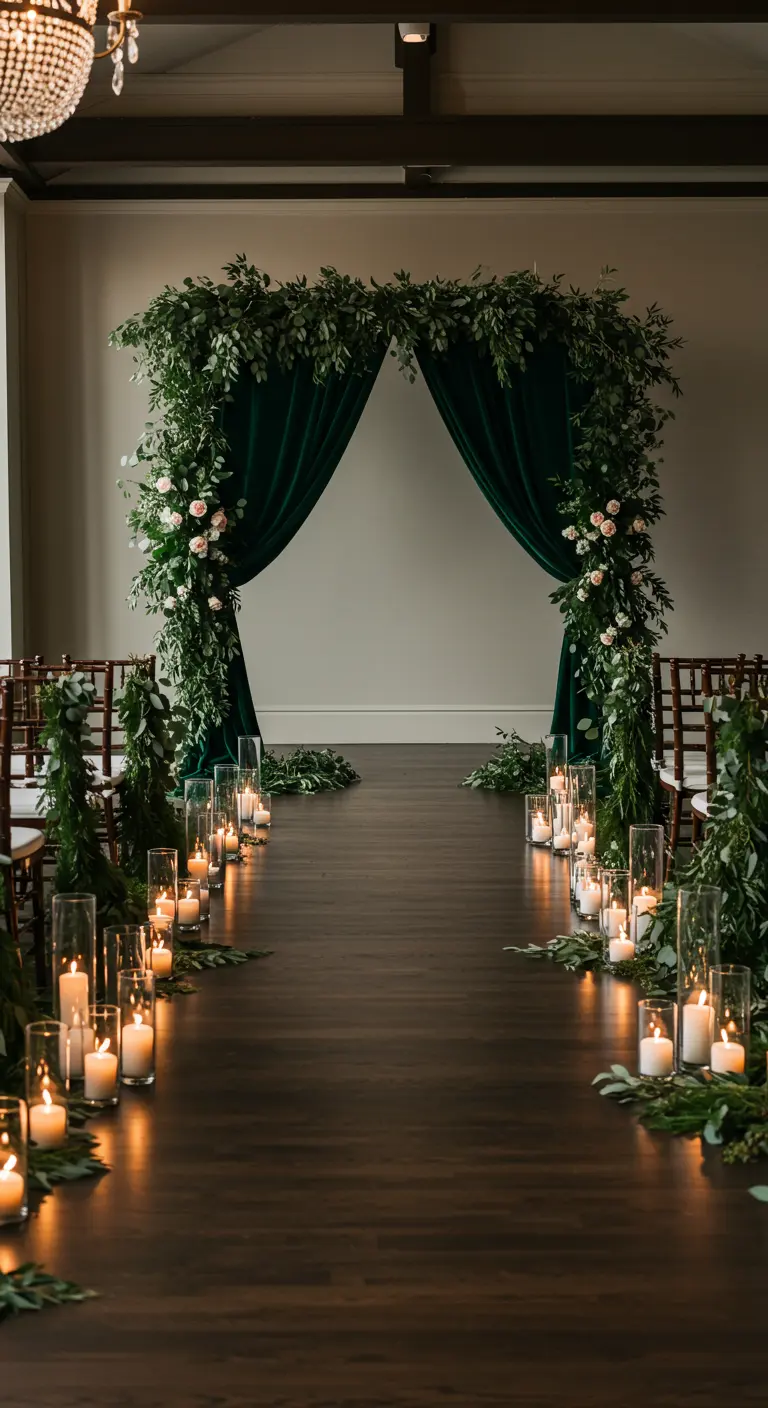 Pasillo de boda flanqueado por cientos de velas en el suelo y un arco de terciopelo verde.